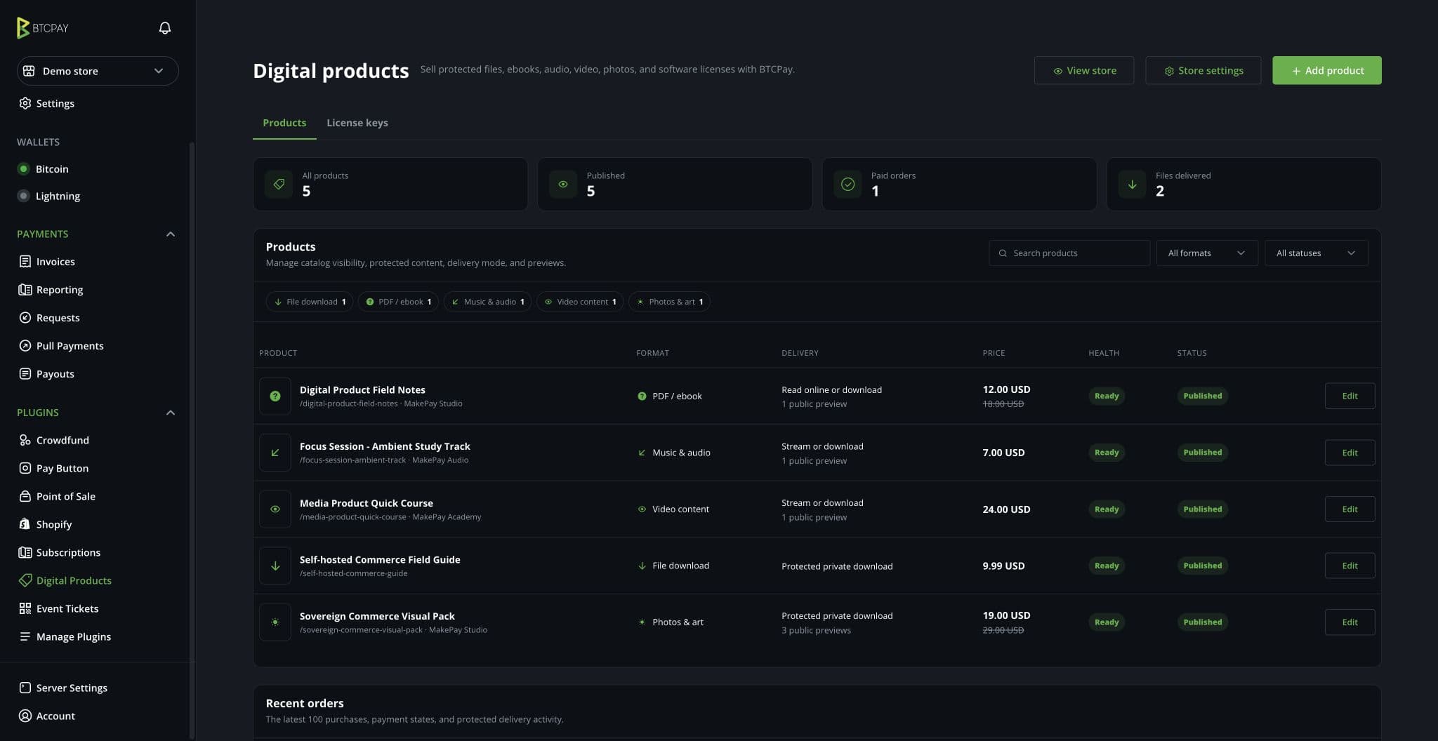 BTCPay Server Digital Products administration dashboard