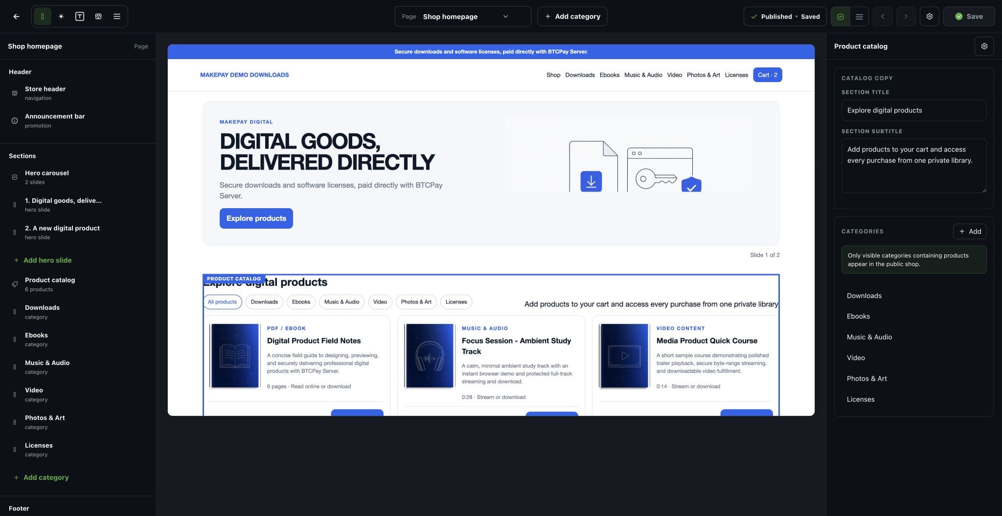 MakePay Digital Products fullscreen live storefront editor